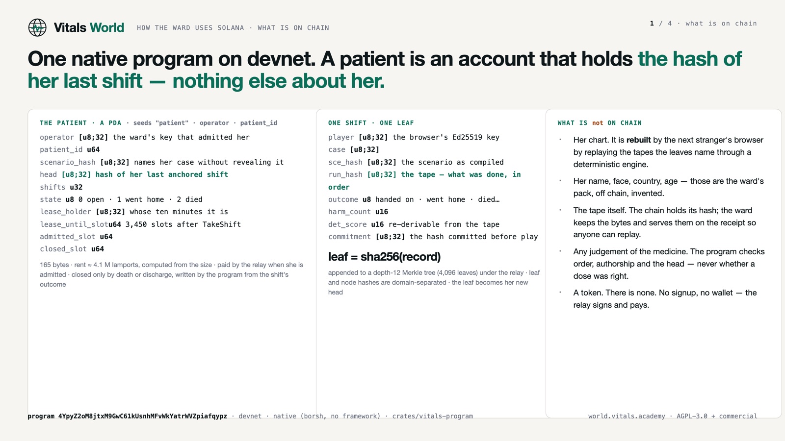 One native program on devnet: a patient is an account holding the hash of her last shift